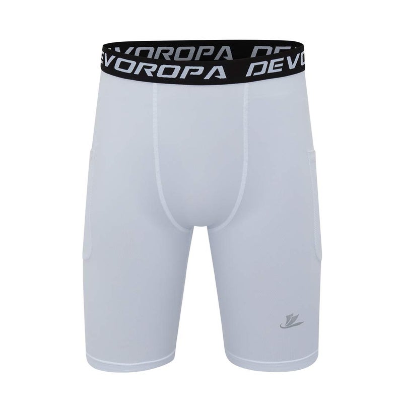 DEVOROPA Youth Boys' Compression Shorts Performance Athletic Base Layers Workout Training Underwear Side Pocket Black/White XL (Pack of 2) - Image 2